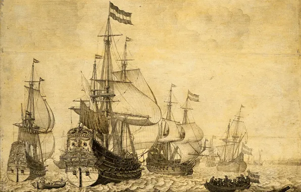 Рисунок, чернила, 1670, Willem van de Velde I, Виллем ван де Велде Старший, Морской пейзаж …