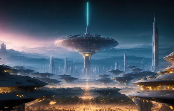 City, future, landscape, art, fantastic, digital art, Futuristic, utopia