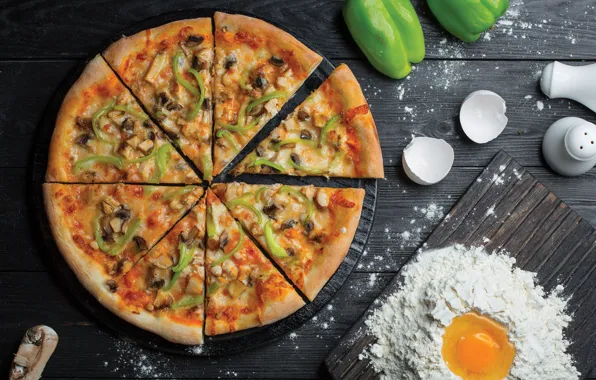 Грибы, яйцо, яйца, сыр, перец, пицца, выпечка, pizza