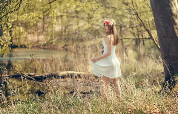 Картинка лес, лето, девушка, поляна, платье, блондинка, girl, Nathan Photography
