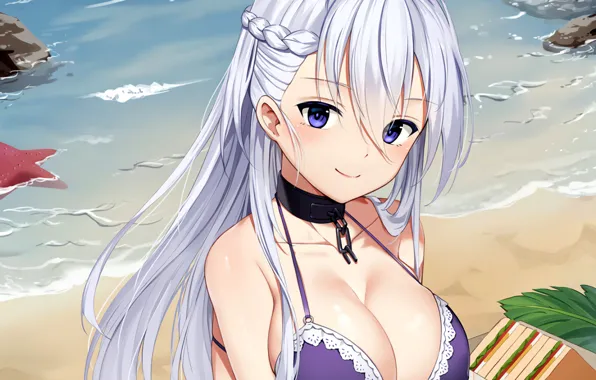 Girl, sexy, cleavage, beach, long hair, sea, boobs, anime