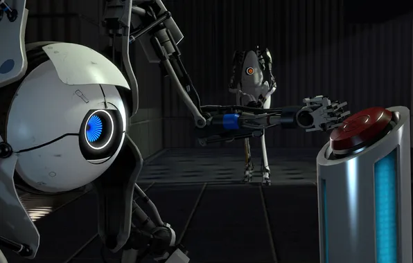 Картинка робот, кнопка, Portal 2, нажимает