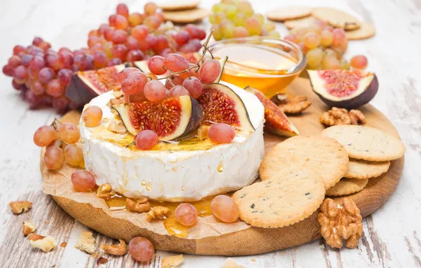 Картинка еда, сыр, печенье, мед, виноград, доска, орехи, камамбер