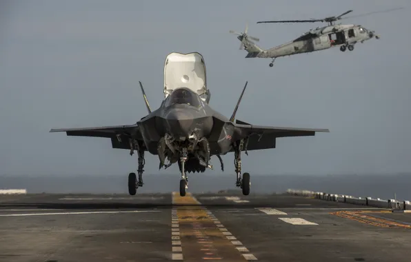 Истребитель, вертолет, палуба, бомбардировщик, взлет, F-35B, Lockheed Martin