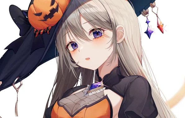 Girl, sexy, halloween, long hair, dress, hat, boobs, anime