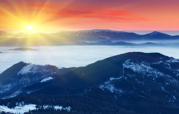 Картинка зима, солнце, снег, горы, туман, рассвет