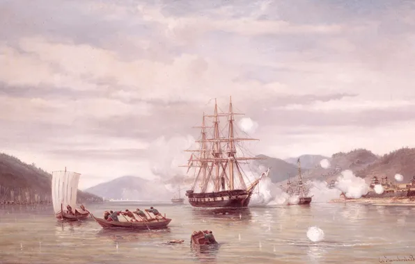Картина, морской пейзаж, Jacob Eduard van Heemskerck van Beest, Пароход Медуза Прорывается через Пролив