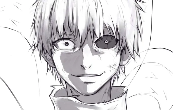 Разные глаза, злобный взгляд, безумец, Tokyo Ghoul, Ken Kaneki, адская ухмылка, физиономия