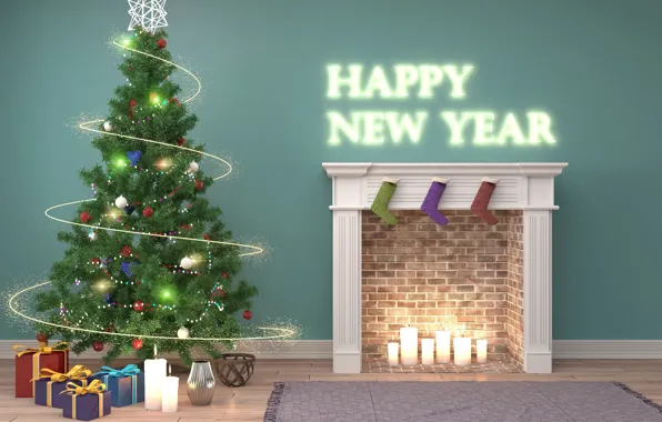 Украшения, комната, елка, свечи, Новый Год, подарки, Камин, New Year