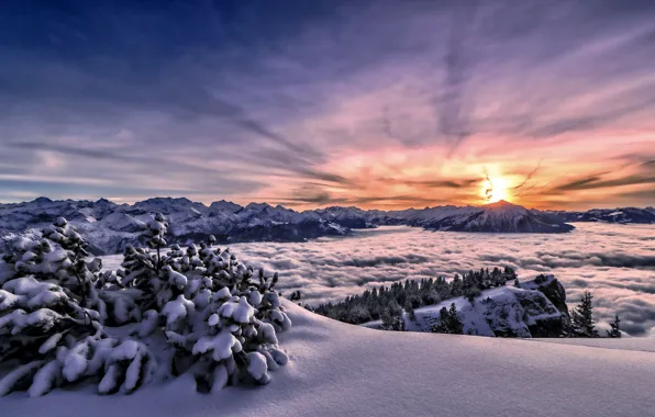 Зима, снег, закат, горы, туман, Швейцария, Альпы, сугробы