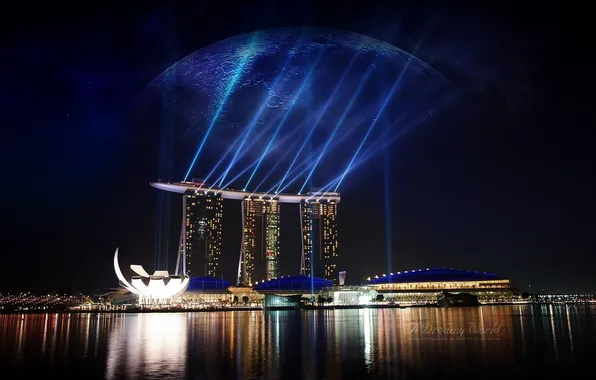 Картинка ночь, здания, небоскребы, сингапур, подстветка