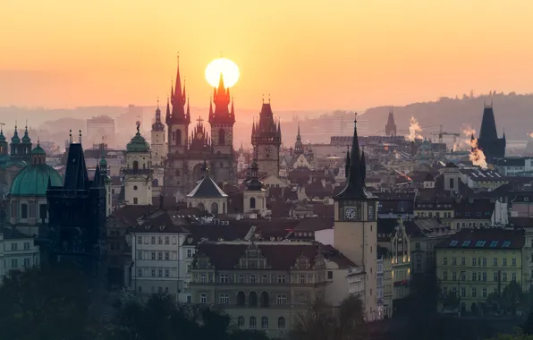 Картинка солнце, дома, Прага, Чехия, панорама