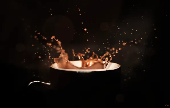 Капли, брызги, кофе, минимализм, чашка, напиток, чёрный фон, coffee