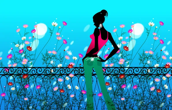 Картинка девушка, цветы, рисунок, забор, профиль, космея
