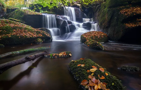 Картинка осень, листья, река, камни, Франция, водопад, каскад, France
