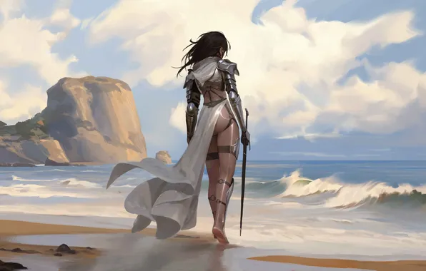 Картинка girl, sword, fantasy, beach, armor, sea, landscape, digital art