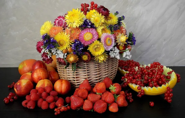 Цветы, ягоды, малина, клубника, фрукты, натюрморт, корзинка, дыня