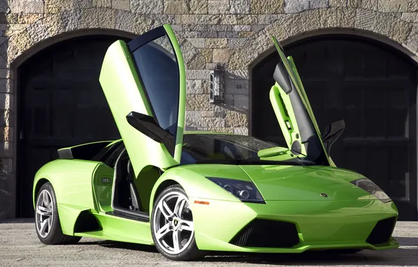 Картинка green, Lamborghini, зелёный, ламборджини, Murcielago, открытые двери, LP640, мурселаго