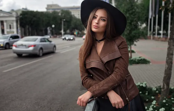 Дорога, девушка, машины, модель, шляпа, макияж, куртка, прическа