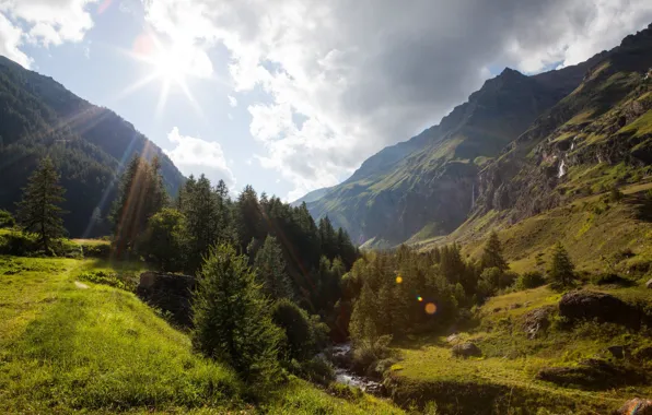 Горы, Франция, Альпы, лучи солнца, Dormillouse, Ecrins