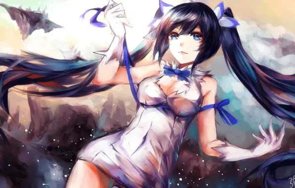 Девушка, аниме, арт, лента, богиня, Dungeon ni Deai o Motomeru no wa Machigatte Iru Darouka, …