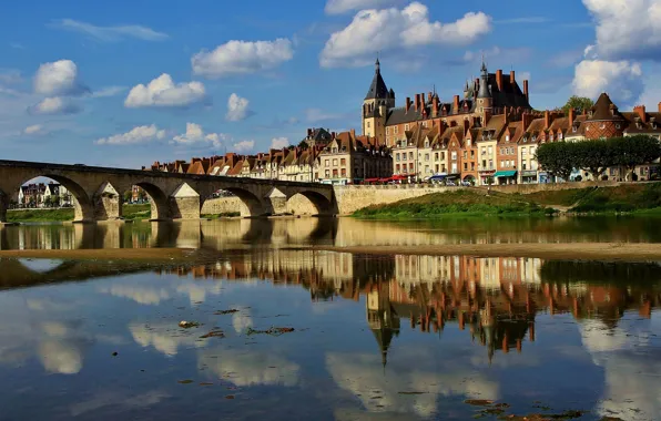 Мост, отражение, река, замок, Франция, здания, дома, France