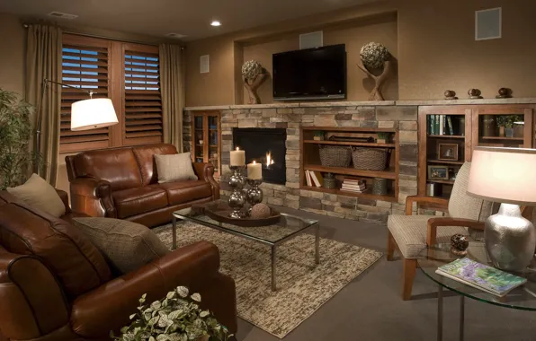 Картинка диван, лампа, кресло, телевизор, камин, столик, гостиная