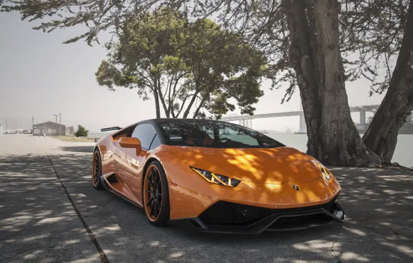 Картинка lamborghini, orange, brige, huracan