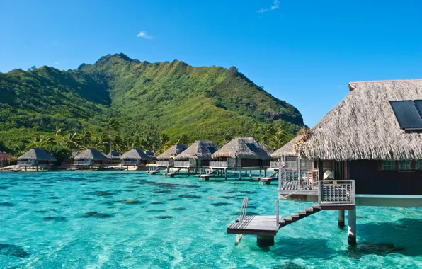 Картинка океан, экзотика, Moorea, French Polynesia, бунгаловый отель