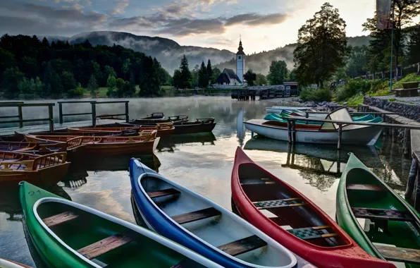 Пейзаж, природа, озеро, лодки, церковь, Словения, Бохинское озеро, Бохинь