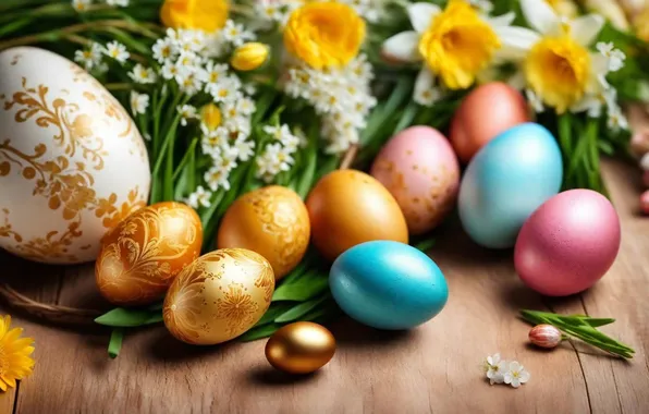 Картинка цветы, яйца, весна, colorful, Пасха, happy, flowers, spring