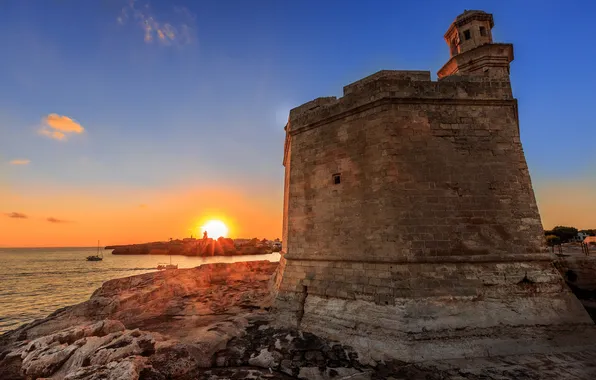 Картинка пейзаж, скалы, рассвет, маяк, крепость, Balearic Islands, Ciudadela