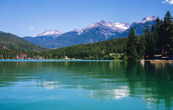Картинка лес, горы, озеро, берег, Канада, Lake Whistler