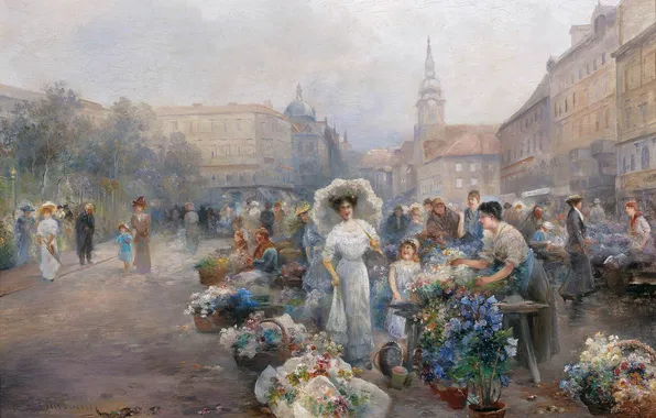 Картинка Цветы, Дома, Люди, Картина, Австрийский художник, Emil Barbarini, Эмиль Барбарини, Цветочный рынок в Вене