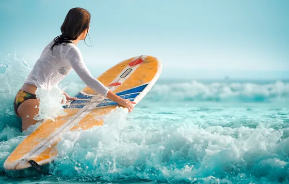 Картинка waves, girl, surfboard