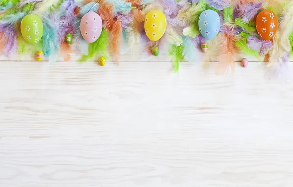 Картинка яйца, перья, colorful, Пасха, happy, flowers, eggs, easter