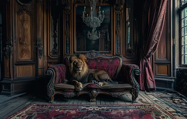 Картинка диван, лев, царь зверей, дикая кошка, нейросеть