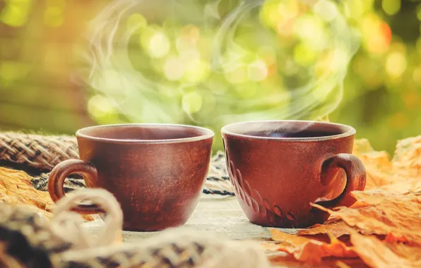 Осень, листья, плед, wood, autumn, leaves, coffee cup, чашка кофе