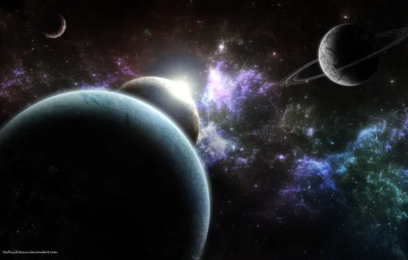 Картинка туманность, планеты, кольца, спутники, nebula, звездное скопление