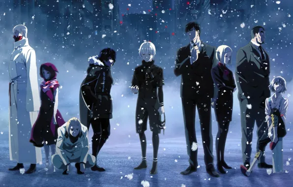 Картинка снег, Tokyo Ghoul, Kaneki Ken, Токийский Гуль, Kirishima Ayato, Tatara, Suzuya Juuzou, Shinohara Yukinori