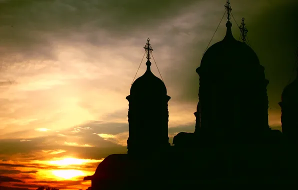 Небо, облака, закат, вечер, церковь, храм, монастырь