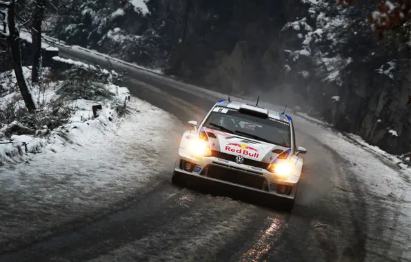 Картинка дорога, Зима, Авто, Снег, Volkswagen, Фары, Red Bull, WRC