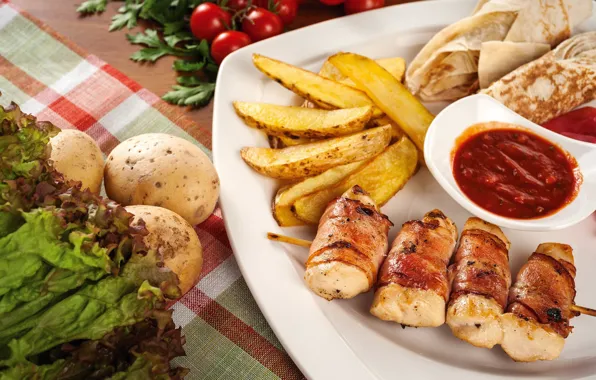 Мясо, овощи, кетчуп, картофель, лаваш, закуски