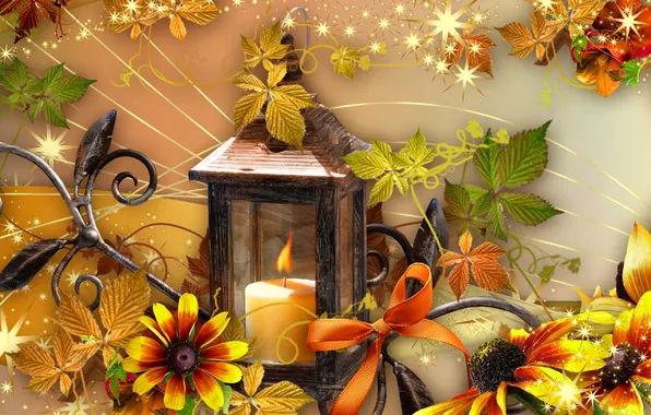 Картинка осень, цветы, настроение, коллаж, свеча, фонарь