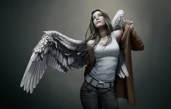Картинка девушка, крылья, джинсы, ангел, майка, плащ, одевается