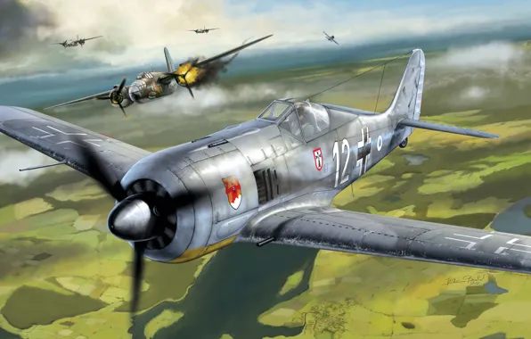 Германия, Luftwaffe, Focke-Wulf 190, Würger, Fw. 190, Поршневой самолет, Fw. 190A-3
