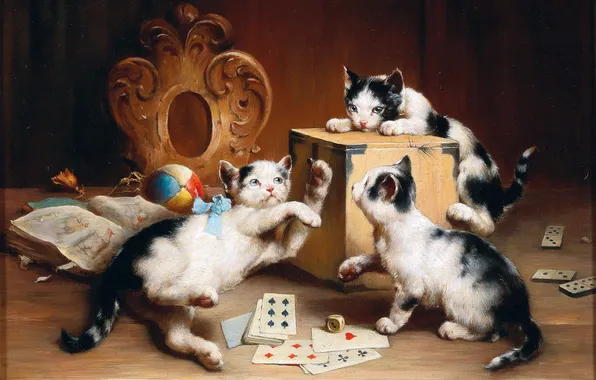 Карты, Кошки, Котята, Картина, Трое, Carl Reichert, Карл Райхерт, Австрийский художник