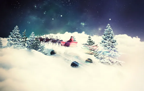 Картинка зима, елки, новый год, сани, олени, санта