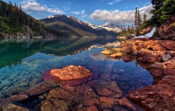 Картинка отражение, горы, склон, вода, канада, скалы, гарибальди, облака