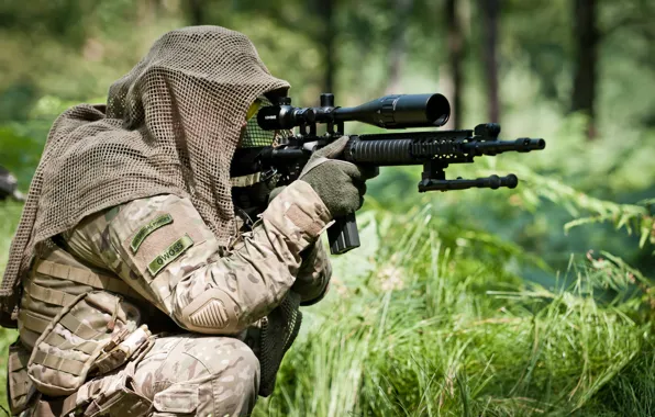 Forest, soldier, assault rifle, telescopic sight, shooting position